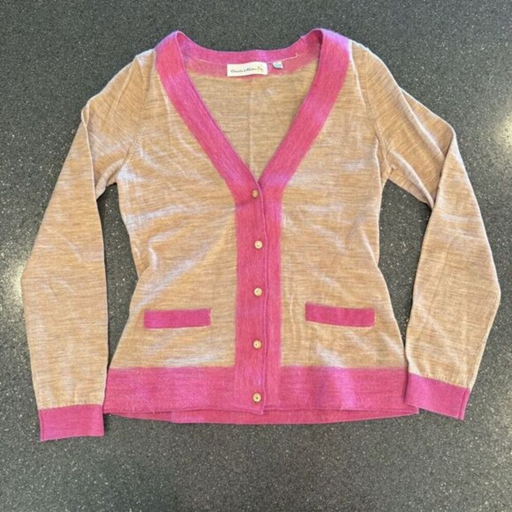 Charlie & Robin Pink Tan Classic Feminine 100% Wool Cardigan Med